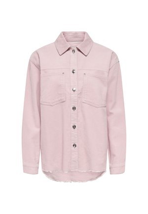 Gaiši rozā kordurojas krekla jaka ar garām piedurknēm, divām krūšu kabatām, sudraba pogām un saplēstu apakšmali.