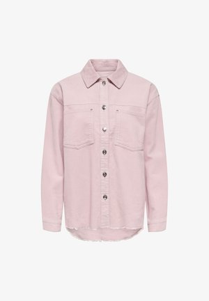 Jasnoróżowa koszula kurtka z sztruksu z długimi rękawami, dwiema kieszeniami na piersi, srebrnymi guzikami i postrzępionym dołem.