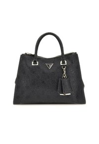 Sac à main en cuir synthétique noir texturé avec double poignées, quincaillerie en argent, motif de logo gaufré, et un porte-clés en pompon détachable.