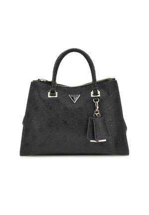 Borsa a tracolla in ecopelle nera con texture, manici doppi, accessori in argento, motivo a logo stampato e portachiavi con nappina staccabile.