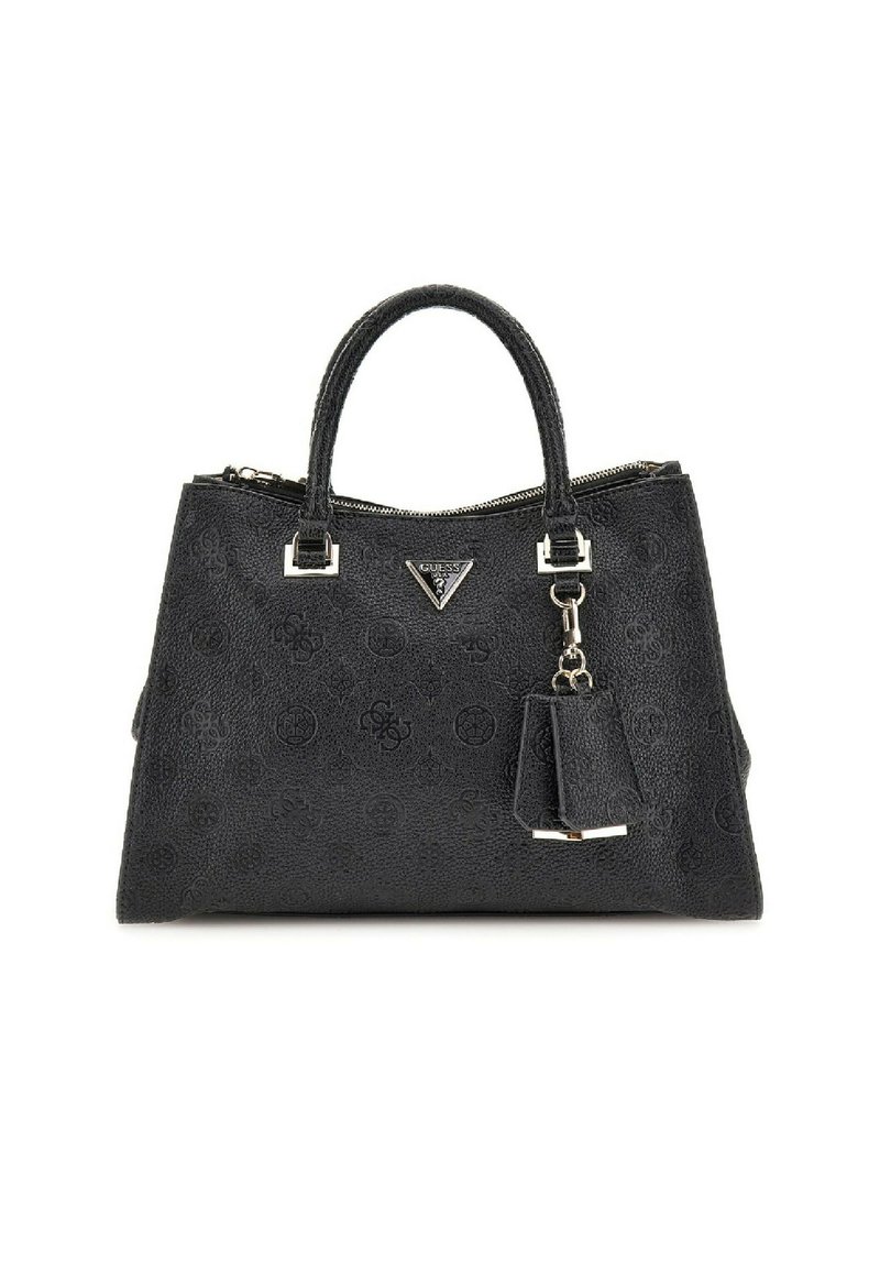 Sac à main en cuir synthétique noir texturé avec double poignées, quincaillerie en argent, motif de logo gaufré, et un porte-clés en pompon détachable.