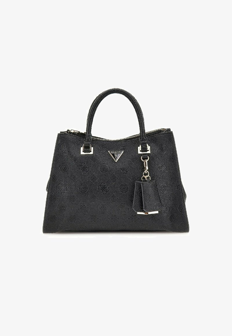 Sac à main en cuir synthétique noir texturé avec double poignées, quincaillerie en argent, motif de logo gaufré, et un porte-clés en pompon détachable.