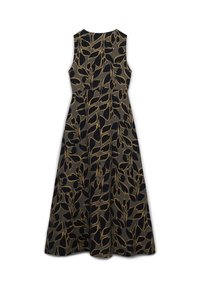 Ärmelloses langes Kleid in Dunkelgrau mit einem schwarzen und goldenen Blattmuster. Ausgestellter Saum und taillierter Schnitt, glattes Gewebe mit weicher Textur.