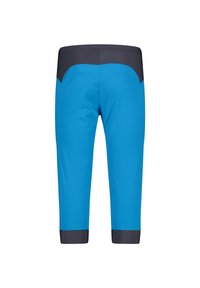 Blaue Capri-Hosen mit einem grauen Bund und Bündchen, die eine glatte, glänzende Textur und eine taillierte Passform aufweisen.