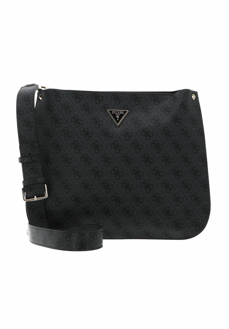 Sac à bandoulière noir en matériau synthétique texturé, avec un motif logo subtil et un accent logo en métal en forme de triangle à l'avant.