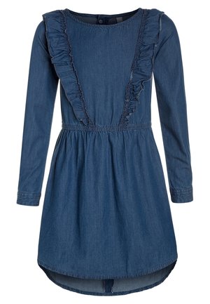 Denimkjole med lange ærmer, flæsedetaljer langs halsudskæringen og en elastisk talje, med en let udvidet nederkant og blå farve.