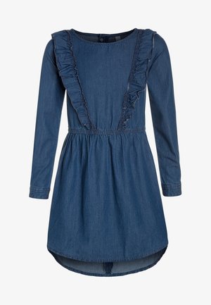 Jeanskleid mit langen Ärmeln, gerafften Details am Ausschnitt und einem elastischen Taillenbund, mit leicht ausgestelltem Saum und blauer Farbe.