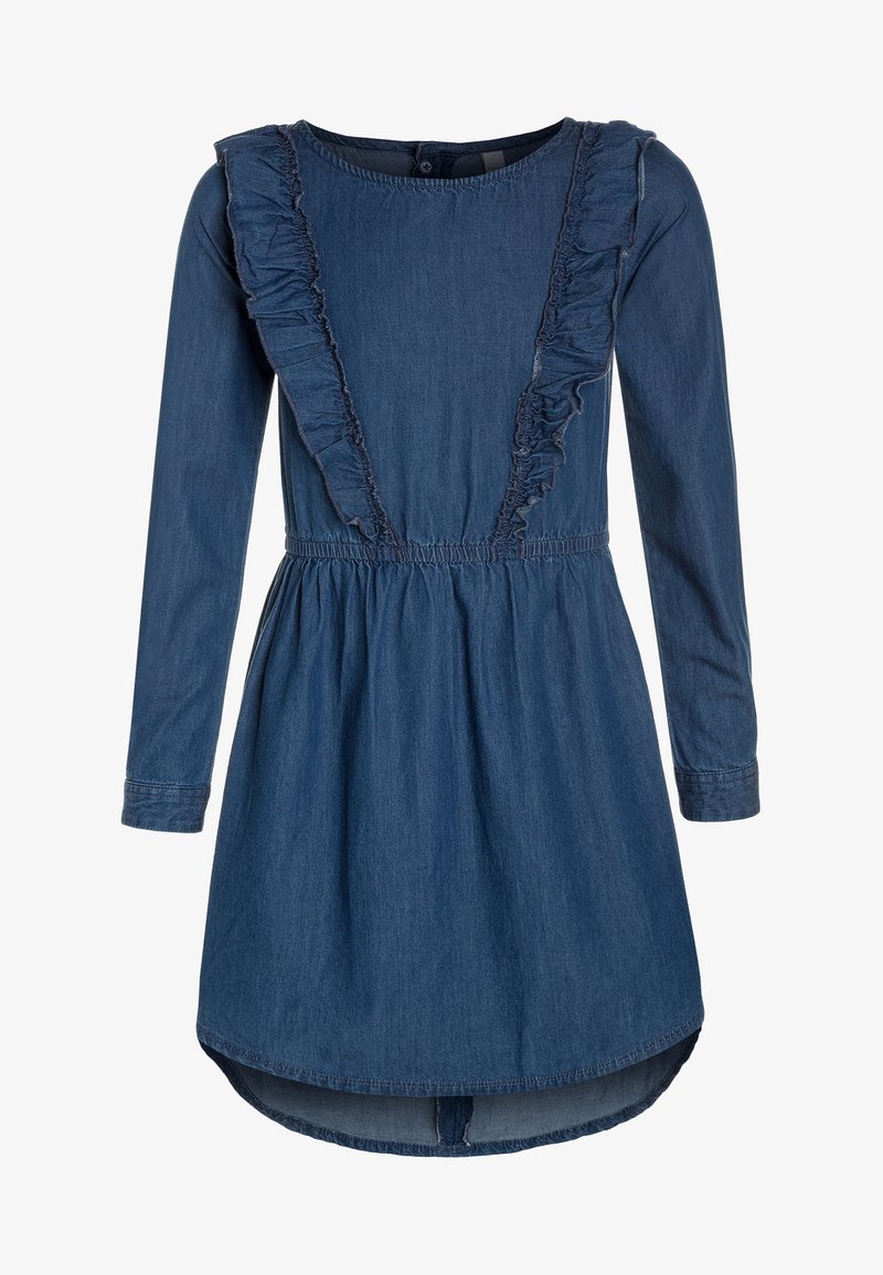 Denimkjole med lange ærmer, flæsedetaljer langs halsudskæringen og en elastisk talje, med en let udvidet nederkant og blå farve.