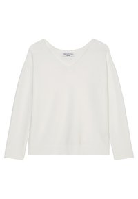 Weißer Pullover mit V-Ausschnitt und langen Ärmeln, gefertigt aus einem weichen Material. Verfügt über einen gerippten Saum und ein schlichtes Design. Etikett am Halsausschnitt sichtbar.