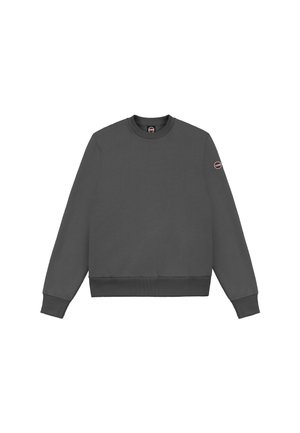 Sweat-shirt gris en tissu doux, avec un col rond, des manches longues, des poignets ribs et un petit logo cousu sur la manche gauche.