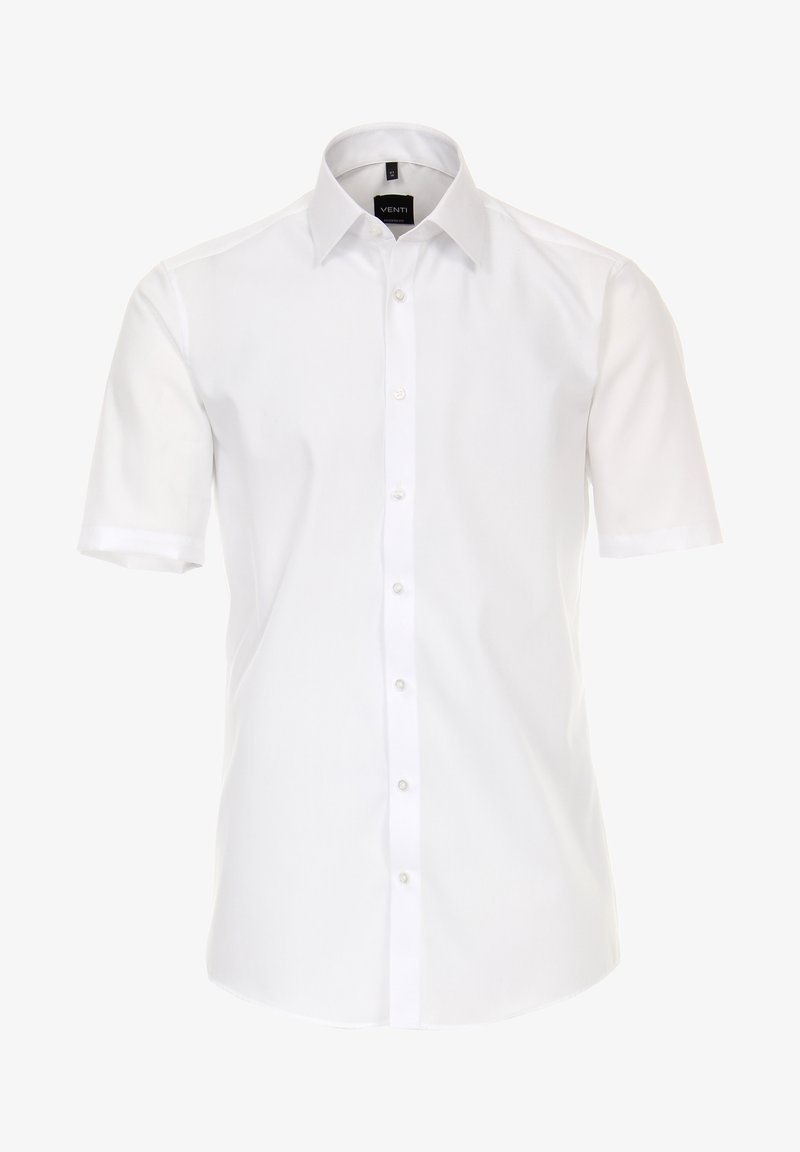 Witte kortebloesmouw blouse met een gladde stof en een klassieke kraag, met zichtbare knopenlijst en een afgeronde onderkant.