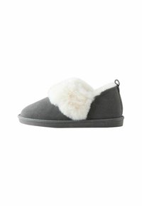 Gray slipper with a soft white faux fur accent on the front, textile upper, and flat rubber sole. Features a back pull tab.