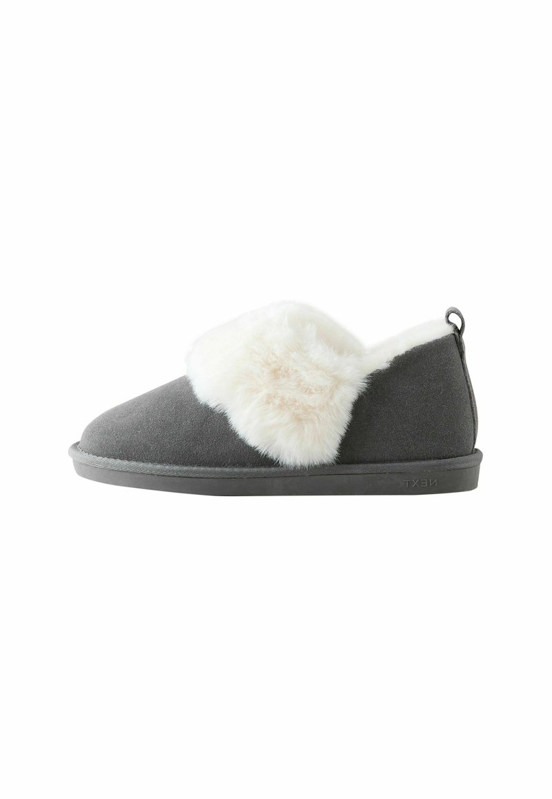 Gray slipper with a soft white faux fur accent on the front, textile upper, and flat rubber sole. Features a back pull tab.