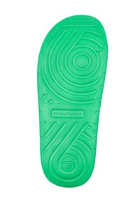 Grön gummisula med texturerade mönster och cirkulära accenter. Märkt med "Sergio Tacchini" och storlek "42" på undersidan.