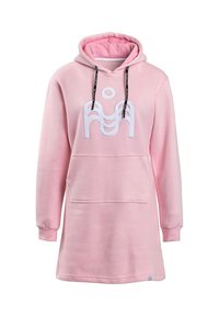 Różowa sukienka z kapturem, z przednią kieszenią, ozdobiona fakturowanym białym logo i czarnymi sznureczkami. Miękki, elastyczny materiał.