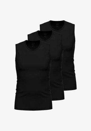 Tre sorte ærmeløse t-shirts lavet af glat, strækbart stof. Hver har en rund halsudskæring og et tætsiddende design uden mønstre eller dekorative elementer.