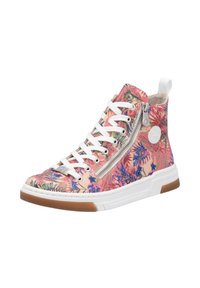 Des baskets montantes avec un motif floral en rose, bleu et vert. Elles présentent des lacets blancs, une fermeture éclair sur le côté et une semelle en caoutchouc blanche avec une touche de gomme.