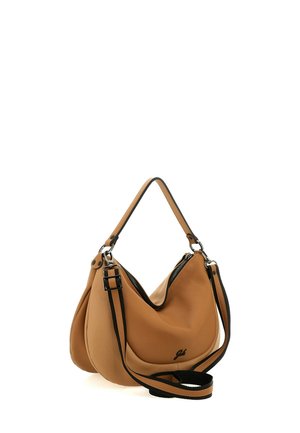 Borsa hobo in pelle color cuoio con rifiniture nere, tracolla regolabile, apertura con cerniera e piccolo logo nero sul davanti.