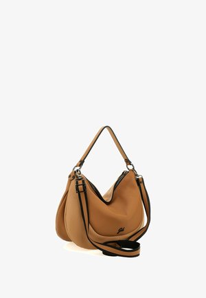 Borsa hobo in pelle color cuoio con rifiniture nere, tracolla regolabile, apertura con cerniera e piccolo logo nero sul davanti.