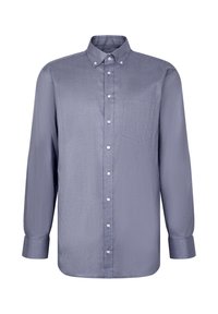 Overhemd met lange mouwen en knoopsluiting in een effen donkerblauwe tint. Voorzien van een borstzak, spitse kraag en knoopmanchetten. Soepele textuur.