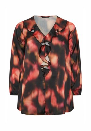 Blusa a maniche lunghe con stampa astratta in rosso, arancione e nero, caratterizzata da un colletto a V con volant e polsini elasticizzati.