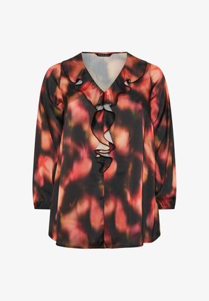 Lange mouw blouse met een abstracte print in rood, oranje en zwart, met een gerimpelde V-hals en elastische manchetten.