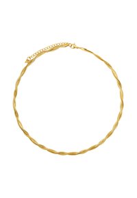 Halskette in Goldfarbe mit verdrehtem Design, glatter Textur und einem Verschluss mit verstellbarem Kettenabschnitt zur Größenanpassung.