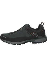 Men's hiking shoe featuring a black and dark grey leather upper, textured design, grey rubber sole, and orange accents.