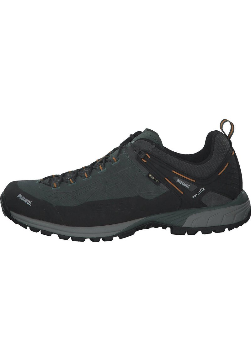 Men's hiking shoe featuring a black and dark grey leather upper, textured design, grey rubber sole, and orange accents.