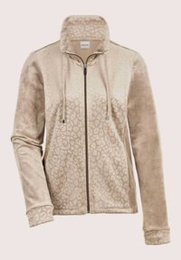 Beige full-zip velours jack met subtiele luipaardprint op de voorkant en kraag, voorzien van een hoge hals en trekkoorden.