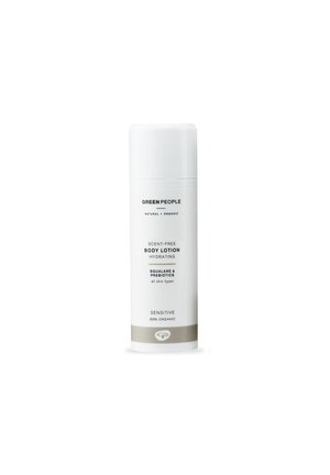 White cylindrical bottle of body lotion with a flip-top cap. Label includes "scent-free," "hydrating," and "88% organic" details in black text.