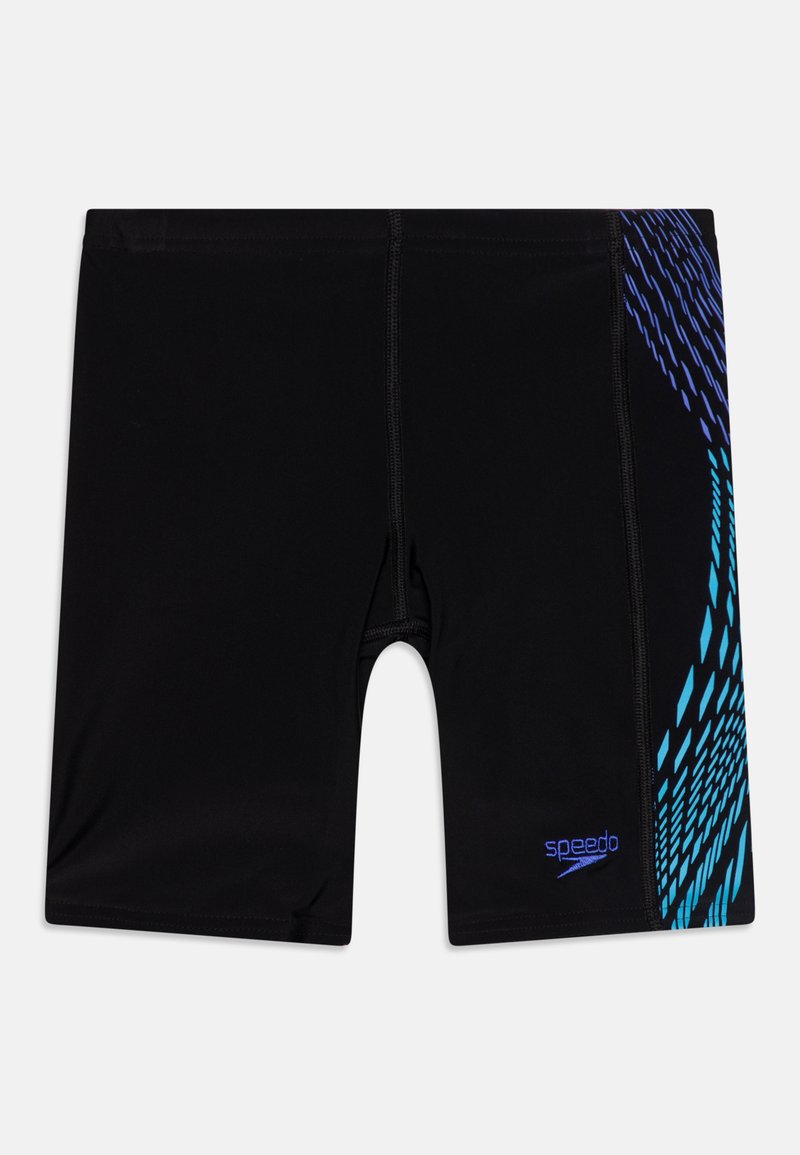 Černé plavky s texturovaným vzorem v modré a fialové barvě na jedné straně. Vyrobené z hladkého, elastického materiálu, s přiléhavým střihem.