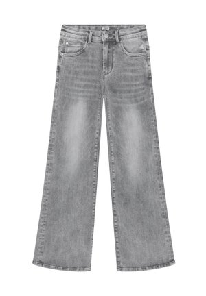 Jeans grigi a gamba larga con tasche anteriori e posteriori, chiusura con bottoni, passanti per cintura e dettagli sbiaditi su cosce e ginocchia.