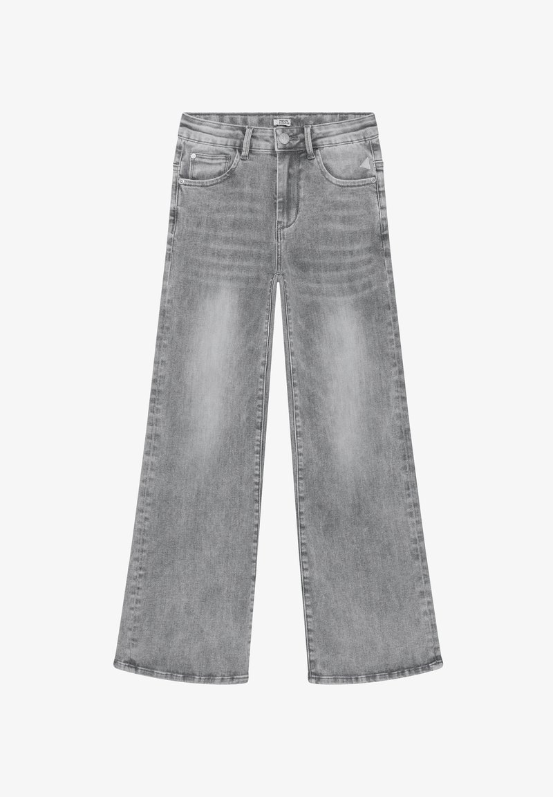 Jeans gris à jambes larges avec poches avant et arrière, fermeture par boutons, passants pour ceinture, et détails délavés sur les cuisses et les genoux.