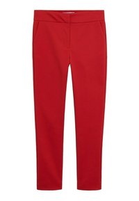 Pantalon rouge ajusté avec poches latérales et ceinture plate, longueur cheville, en tissu lisse.