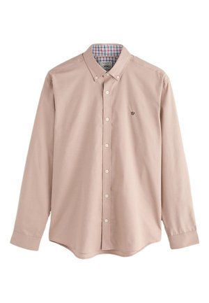 Beež pika varrukaga nööpidega särk, nööpidega krae, valged nööbid, vasakul rinnal väike must kroonlogo ja ruuduline sisemine kraevõi.