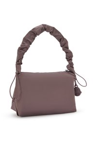 Brown pouch handbag with a ruched handle, smooth texture, zip closure, and a small attached charm detail. Rectangular shape, soft material.