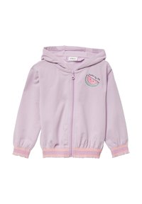 Lichtpaarse hoodie met rits, versierd met een watermeloenafbeelding en de tekst "Verzoet mijn Dag." HeeftGathered mouwen en een textuur roze rand aan de onderkant.