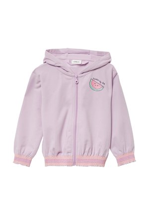 Lila Zip-Hoodie mit einem Wassermelonen-Design und dem Text "Sweeten my Day." Verfügt über geraffte Ärmel und einen strukturierten pinken Saum.