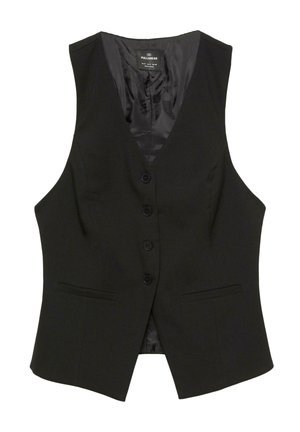 Zwarte vest met een V-hals ontwerp, voorzien van zes knopen en twee zijzakken. Gemaakt van gladde stof met een lichte glans.