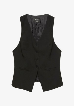 Black vest with a V-neck design, featuring six buttons and two side pockets. Made from smooth fabric with a slight sheen.