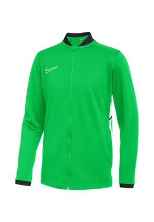 Hellgrüne Sportjacke mit langen Ärmeln, durchgehendem Frontreißverschluss, schwarzem Kragen und Bündchen sowie weißem Nike-Logo auf der Brust.