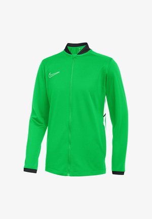 Hellgrüne Sportjacke mit langen Ärmeln, durchgehendem Frontreißverschluss, schwarzem Kragen und Bündchen sowie weißem Nike-Logo auf der Brust.