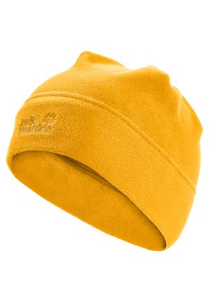 Berretto in pile giallo con risvolto e piccolo logo Jack Wolfskin ricamato sul lato.