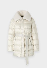 Light cream puffer jacket with a plush white collar, belted waist, and zippered side pockets. Features quilted texture and glossy finish.