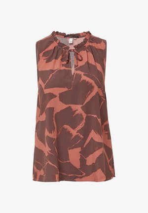 Brązowy bezrękawnik z marszczonym dekoltem i szczegółem w kształcie dziurki. Charakteryzuje się odważnym abstrakcyjnym wzorem w odcieniach rdzy i brązu. Miękka tkanina.