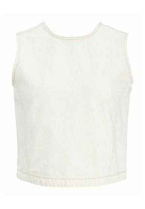 Bela bombažna telovnik brez rokavov z nežnimi bež šivi, okroglim izrezom in rahlo ukrivljenim robom.