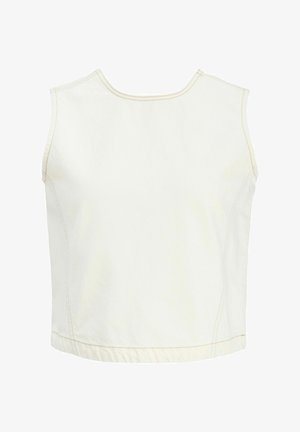 Bela bombažna telovnik brez rokavov z nežnimi bež šivi, okroglim izrezom in rahlo ukrivljenim robom.