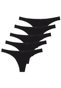 Fünf schwarze Baumwoll-Tangas mit einer Spitzenkante und einer kleinen Schleifendetail an der Vorderseite. Jeder hat eine glatte Textur und ein minimalistisches Design.