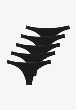 Cinque perizomi neri in cotone con pizzo e piccolo fiocco dettagliato davanti. Ognuno ha una superficie liscia e un design minimalista.